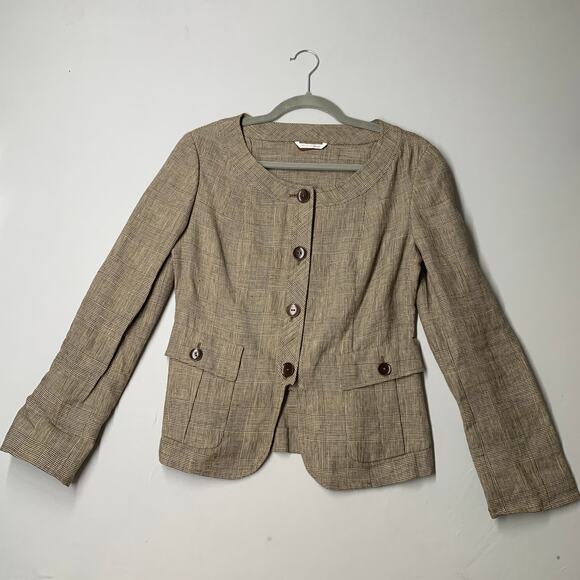 MaxMara Jackets & Blazers - Max Mara Women Jacket 4 Brown Plaid Houndstooth Blazer Linen Pocket Button